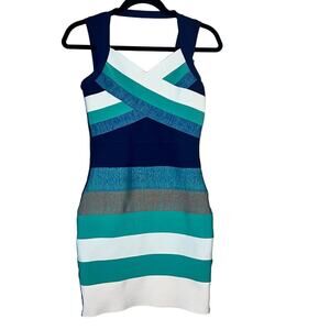 bondage sleeveless bodycon dress navy white teal Size Large